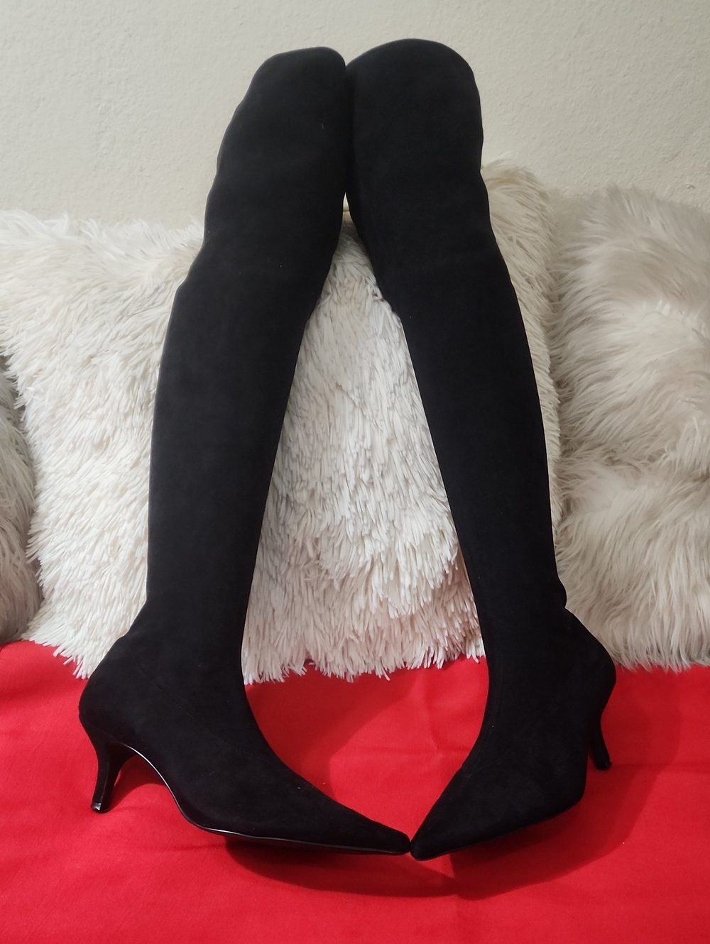 Steve Madden Rush Black Stocking Over-the-Knee Pointed Toe Heeled Boots